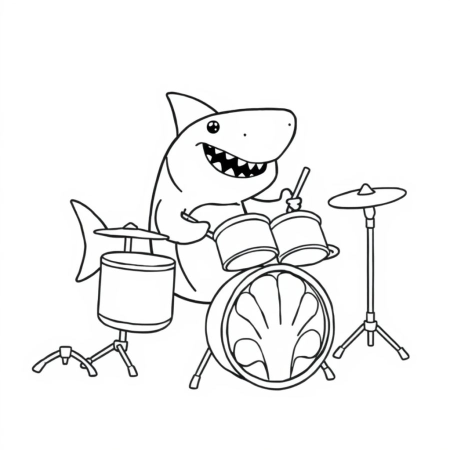 Shark Playing A Drum Set Made Of Clam Shells Coloring Page