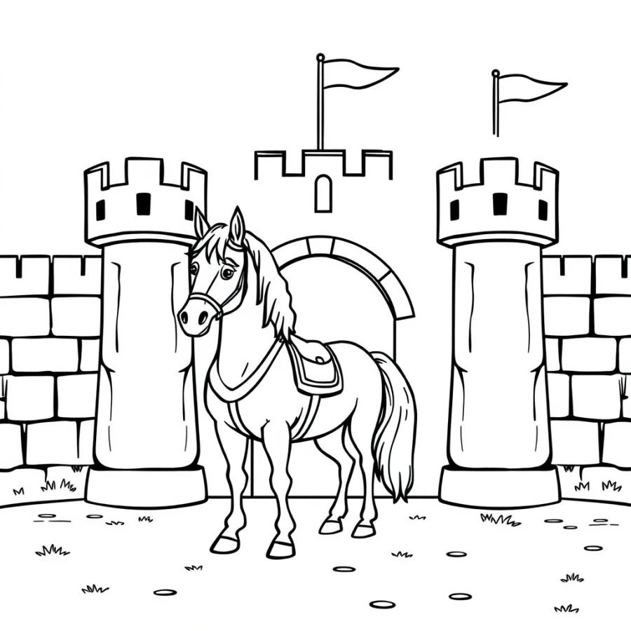 Horse Standing Guard At A Fortress Gate Coloring Page
