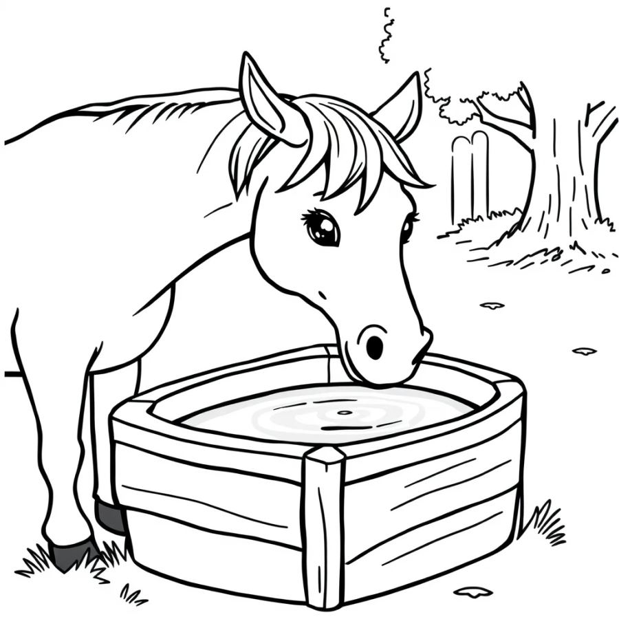 Horse Drinking From A Wooden Water Trough Coloring Page