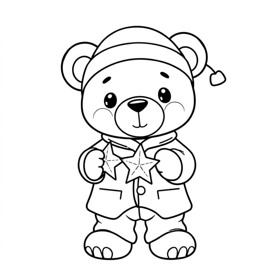 Cute Teddy Bear in Pajamas and holding a Star Coloring Page