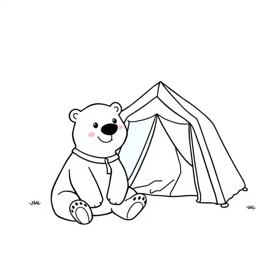 Polar Bear Sitting Next To A Colorful Research Tent Coloring Page