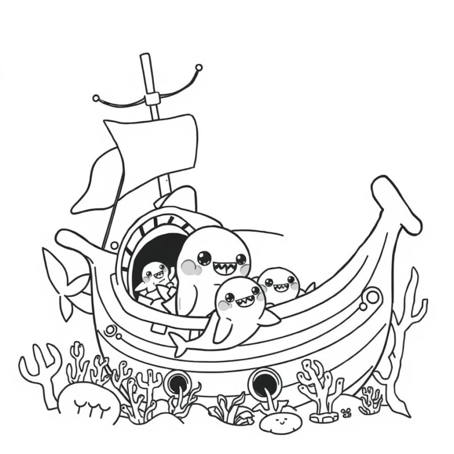 Shark Family Making A Home In A Sunken Galleon Coloring Page