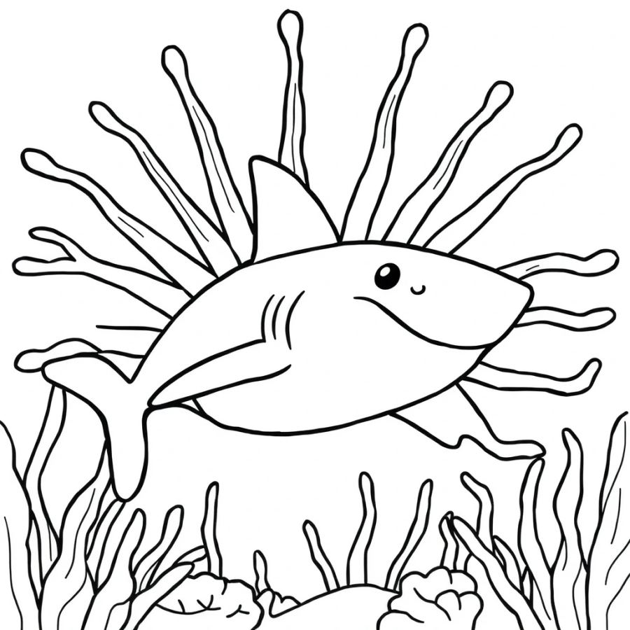 Shark Hiding Behind A Large Sea Fan Coloring Page