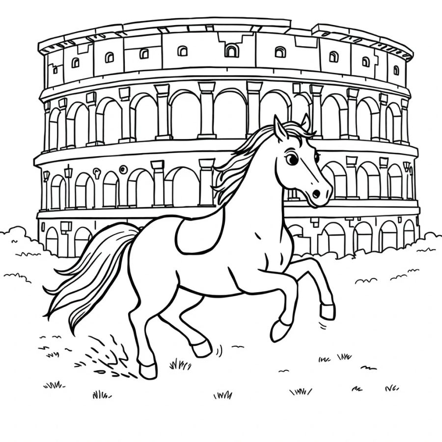 Horse Galloping Past A Stone Colosseum Coloring Page