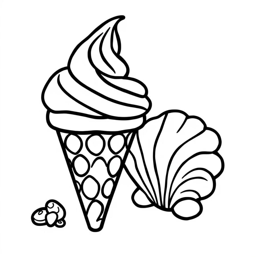 Ice Cream Next To Seashell Coloring Page