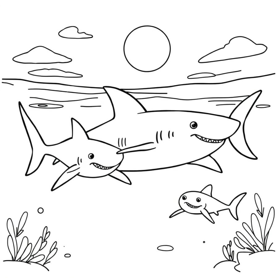 Shark Family Swimming Through A Sunny Shallow Lagoon Coloring Page