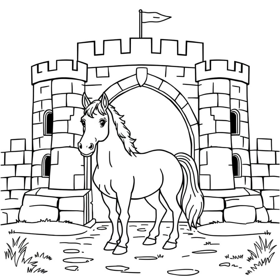Horse Standing Outside A Castle Drawbridge Coloring Page