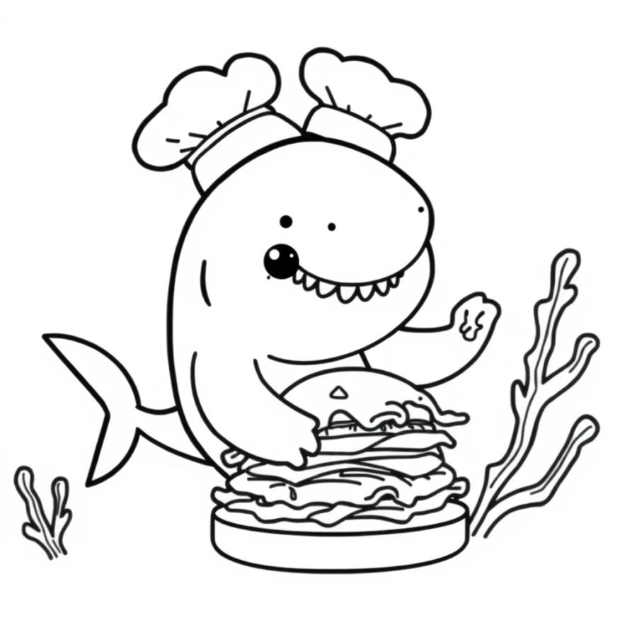Shark Wearing A Chef Hat Flipping Seaweed Burgers Coloring Page