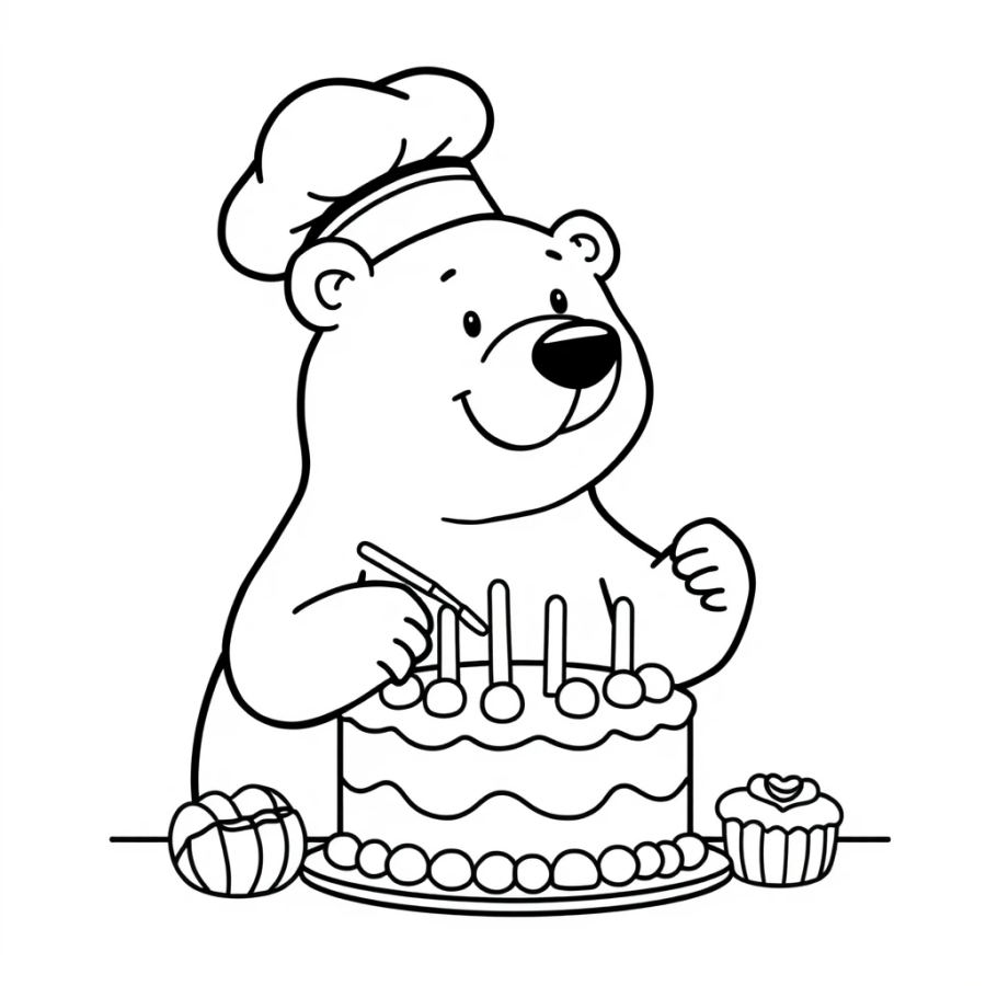 Polar Bear Wearing A Pastry Chef Toque Decorating A Cake Coloring Page