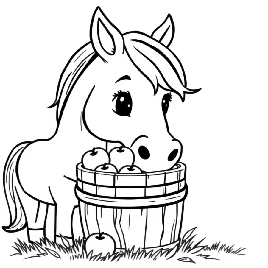 Horse Eating Crisp Apples From A Wooden Bucket Coloring Page