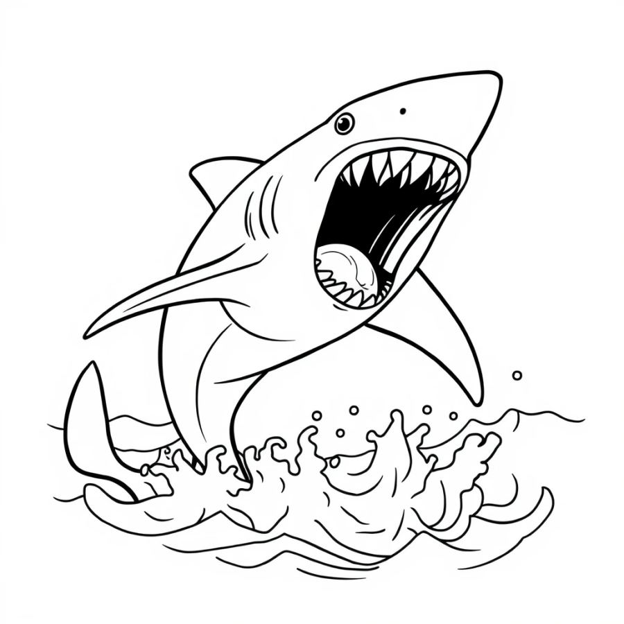 Giant Shark Leaping Out Of A Primordial Ocean Coloring Page