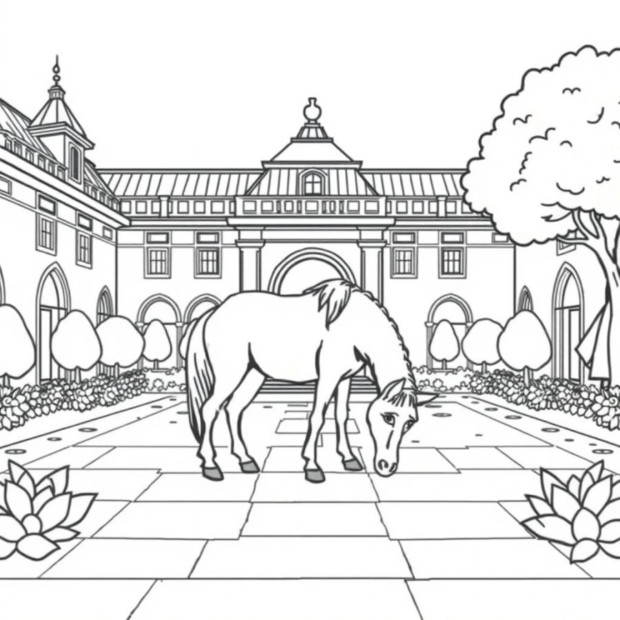 Horse Grazing In A Palace Courtyard Garden Coloring Page
