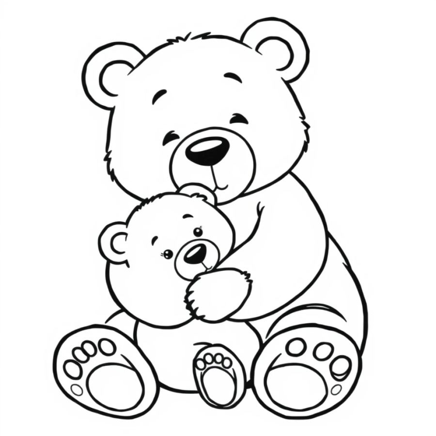 Sweet Mother Teddy Bear Hugging Her Cub Coloring Page