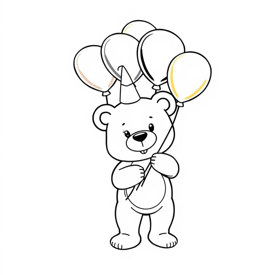 Cute Teddy Bear with Birthday Balloons Coloring Page