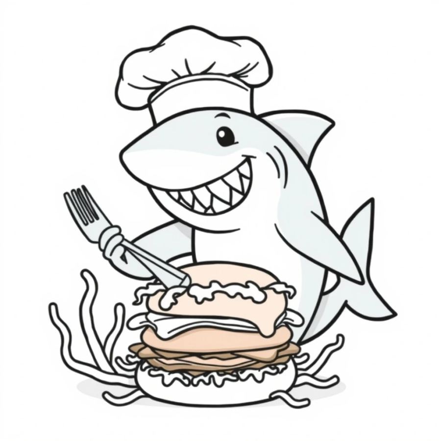 Shark Wearing A Chef Hat Flipping Seaweed Burgers Coloring Page