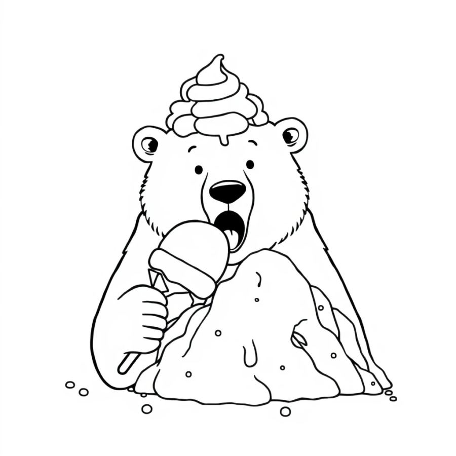 Polar Bear Eating A Giant Mountain Of Vanilla Ice Cream Coloring Page