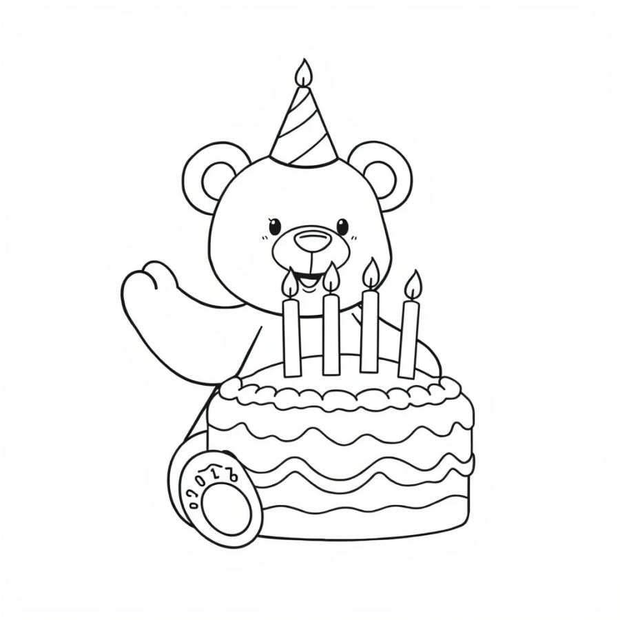 Cute Teddy Bear with Birthday Cake Coloring Page