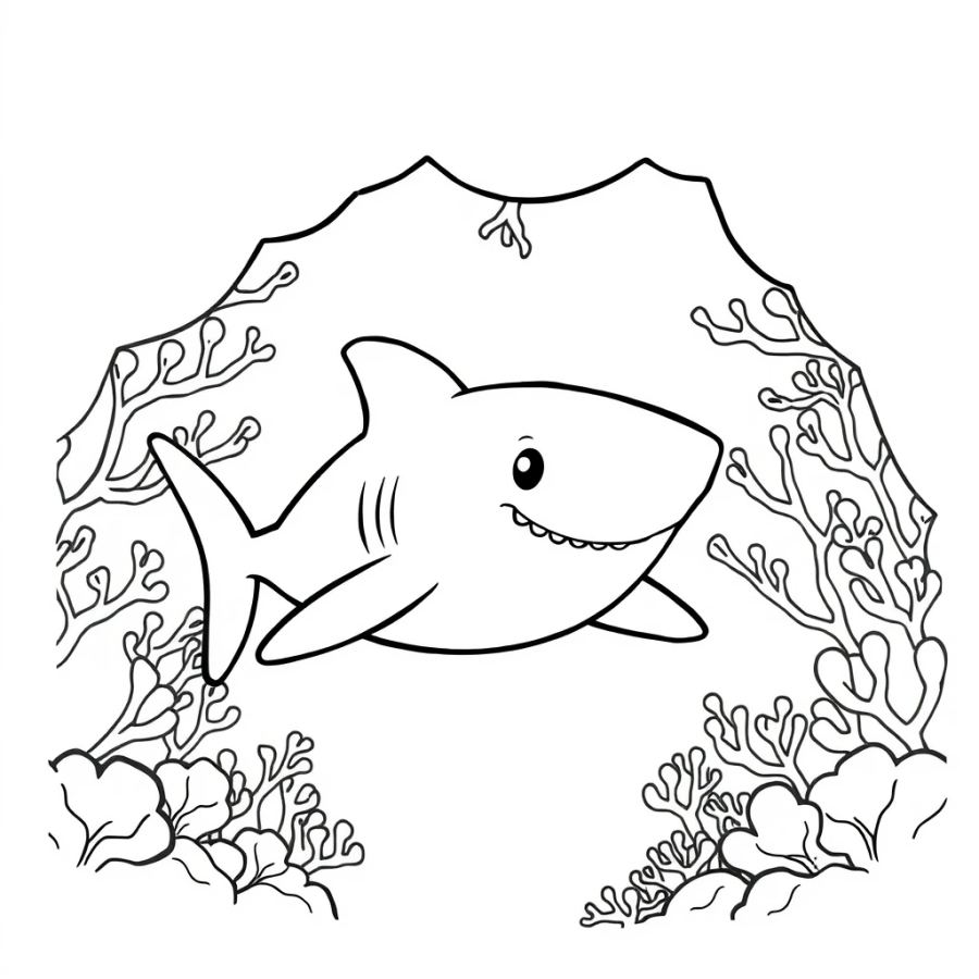 Shark Swimming Under A Canopy Of Glowing Coral Coloring Page
