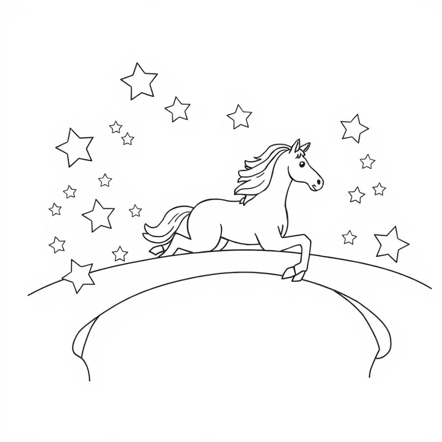 Horse Galloping Across A Bridge Made Of Stars Coloring Page