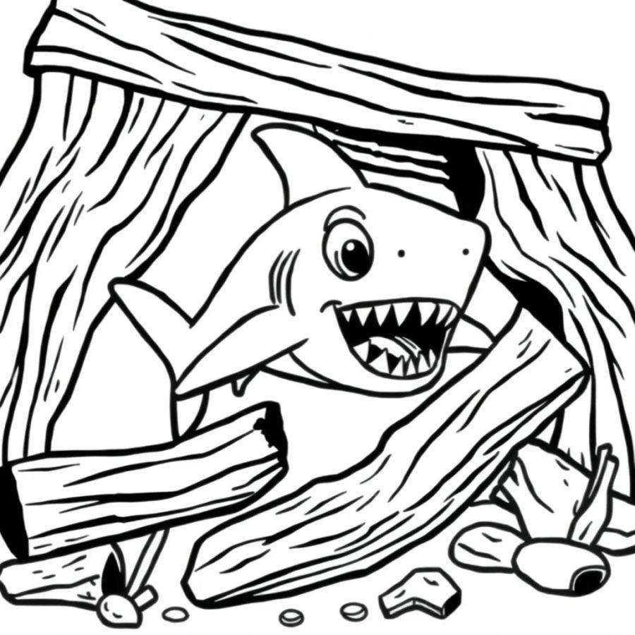 Shark Swimming Through A Broken Wooden Pirate Ship Coloring Page