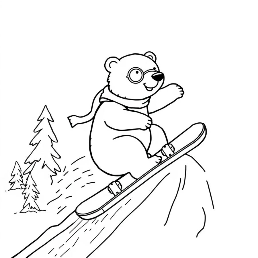 Polar Bear Snowboarding Down A Steep Mountain Ramp Coloring Page
