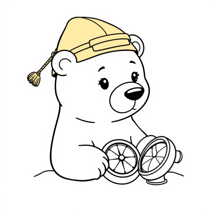 Polar Bear Wearing An Explorer Hat Looking At A Compass Coloring Page
