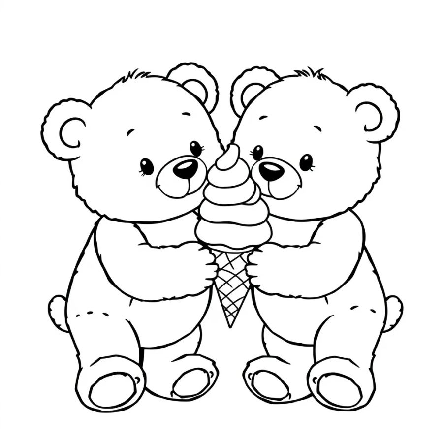 Adorable Twin Teddy Bears Sharing Ice Cream Coloring Page