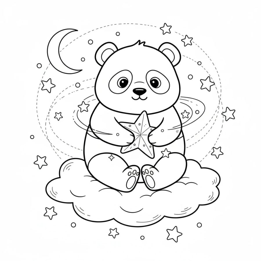 Panda Gently Holding A Star Coloring Page