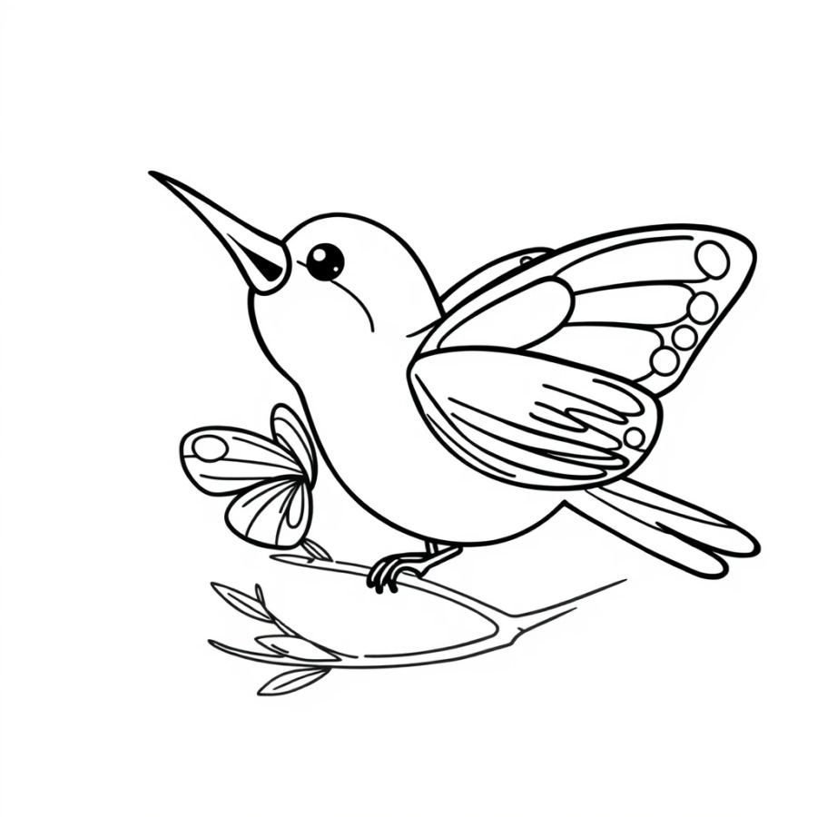 Butterfly Perched On A Singing Bird’s Beak Coloring Page
