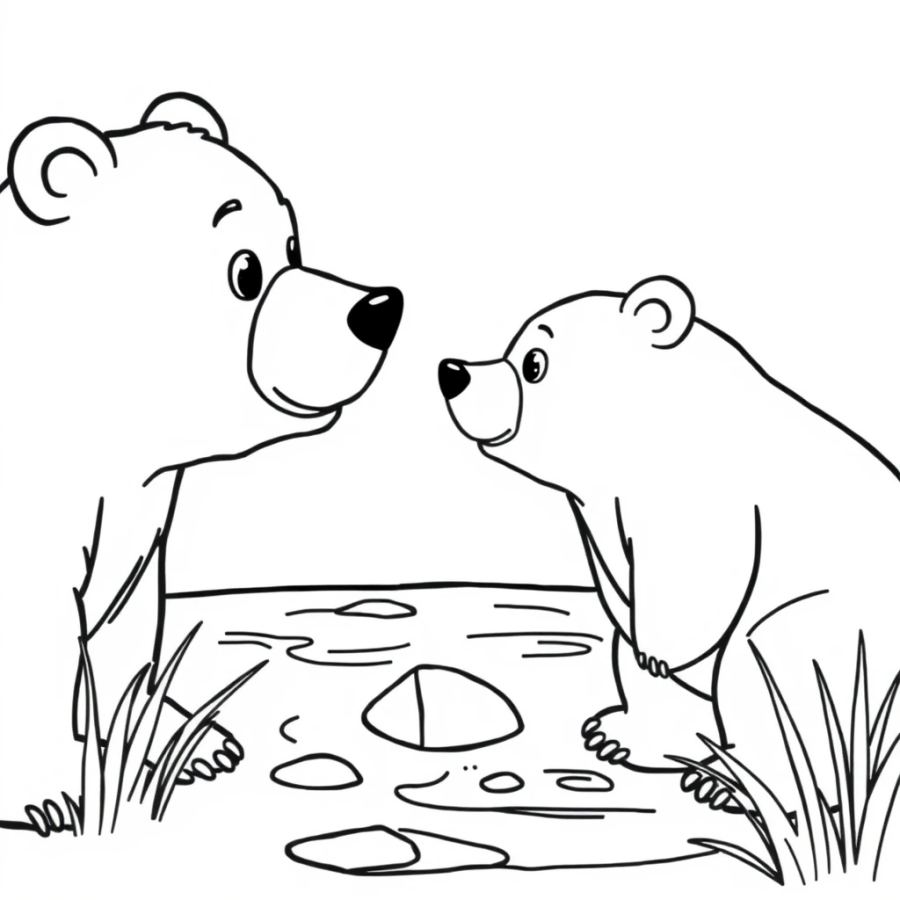 Two Friendly Grizzly Bears by the River Coloring Page