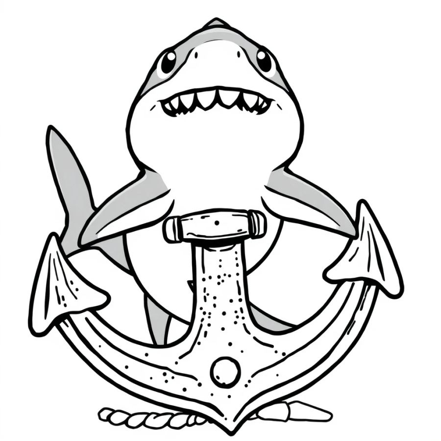 Shark Circling An Old Rusty Anchor Coloring Page