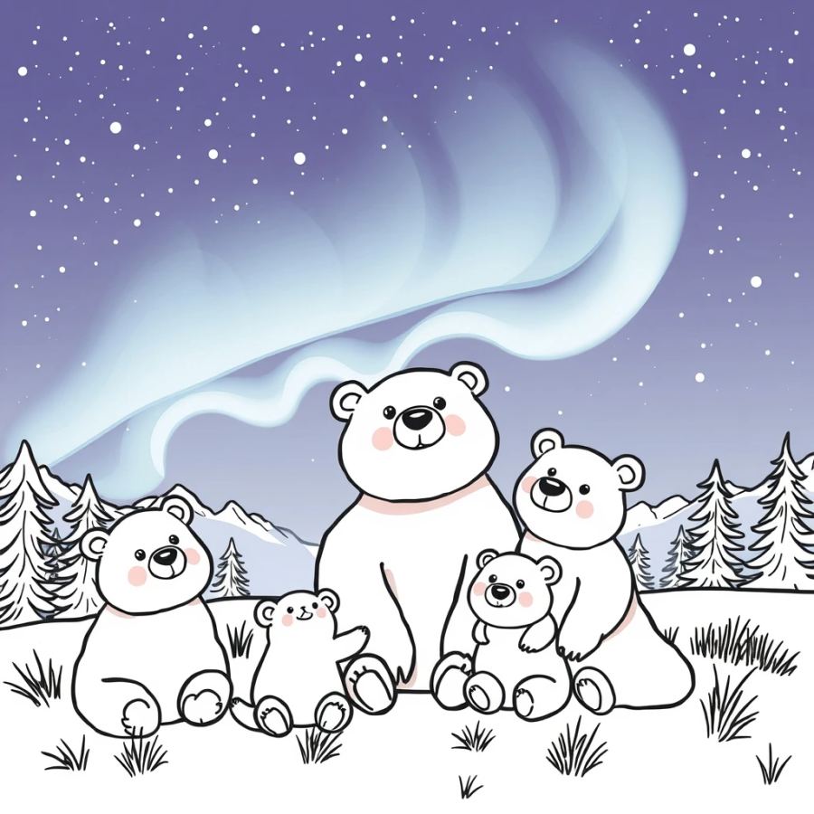 Magical Grizzly Bear Family Watching Northern Lights Coloring Page