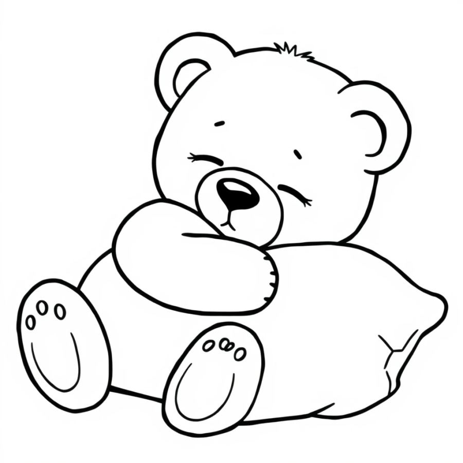Sleepy Teddy Bear Hugging Pillow Coloring Page