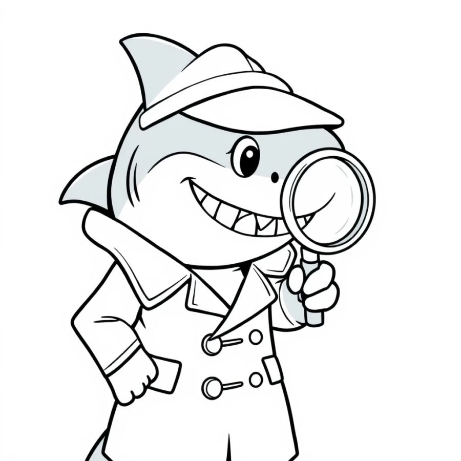 Shark Wearing A Detective Trench Coat Looking Through A Magnifying Glass Coloring Page