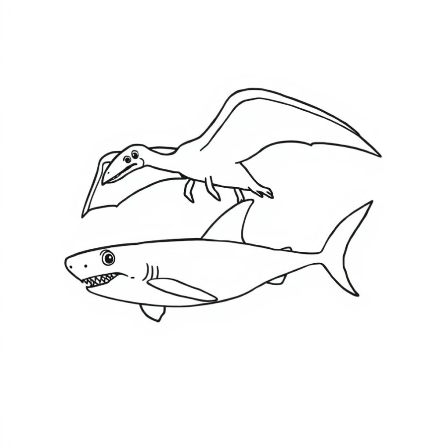 Shark Gliding Beneath A Flying Pterodactyl Coloring Page