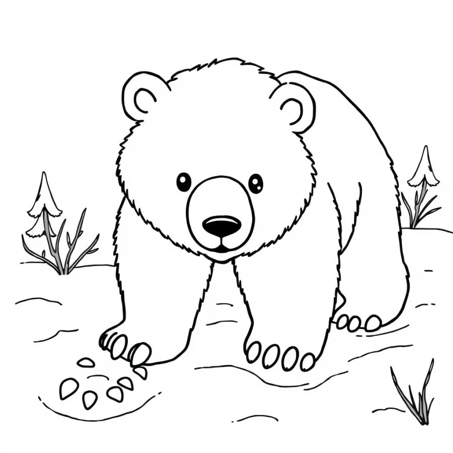 Giant Grizzly Bear Tracks in Winter Snow Coloring Page