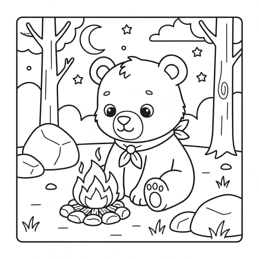 Baby Bear Sitting by Campfire