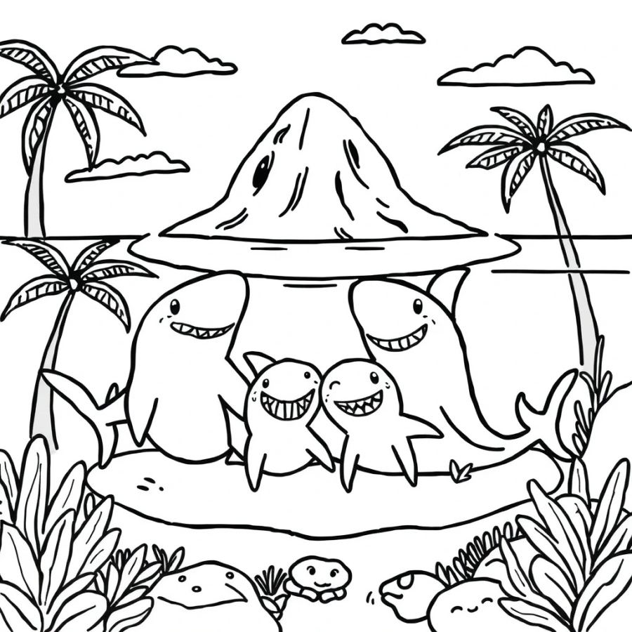 Shark Family Relaxing Under A Tropical Island Shadow Coloring Page