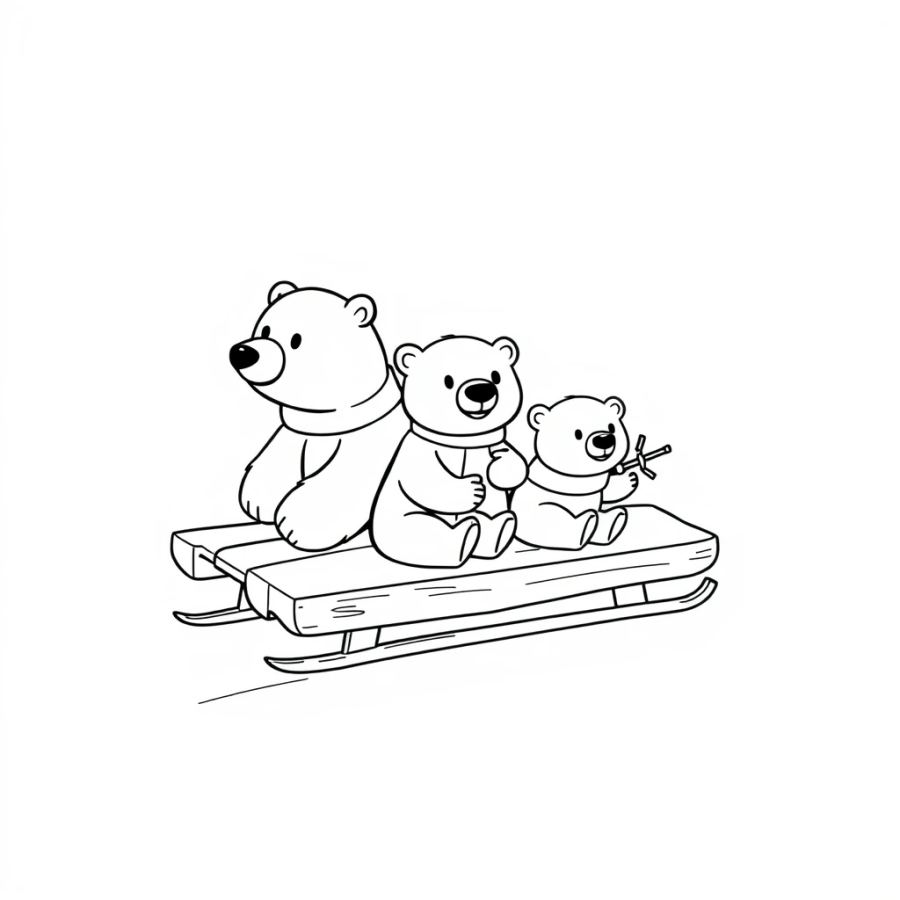 Polar Bear Family Riding A Wooden Toboggan Sled Coloring Page
