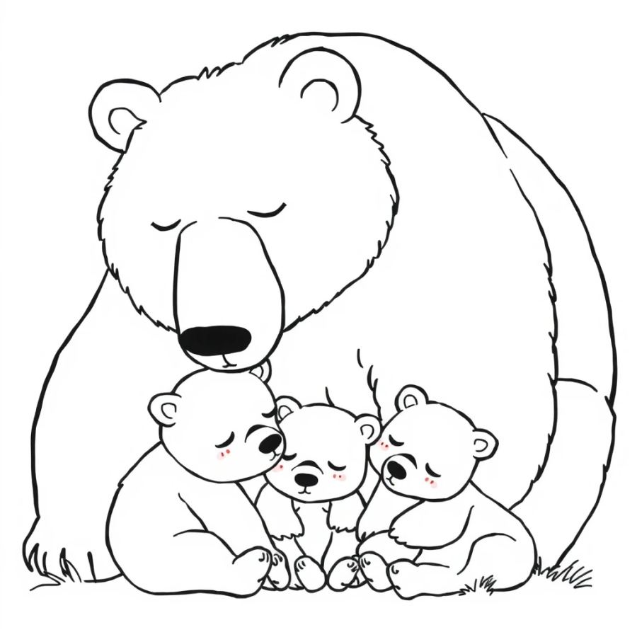 Sleepy Bear Cubs and Mother Grizzly Coloring Page