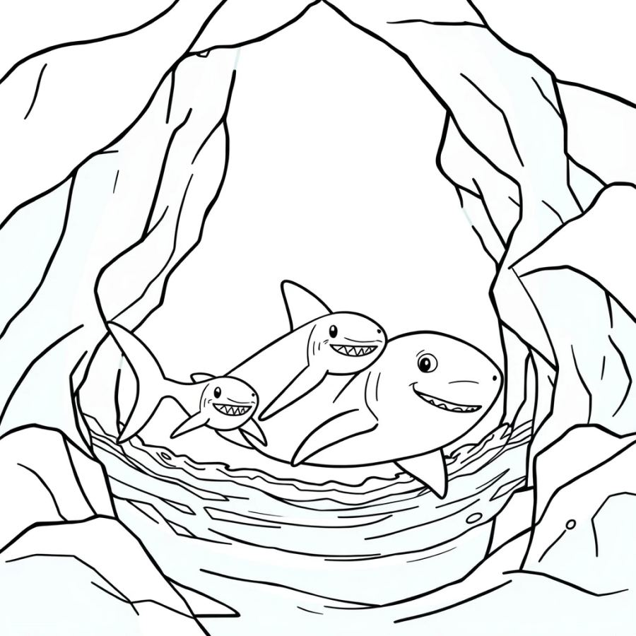 Shark Family Navigating A Chilly Glacier Cavern Coloring Page