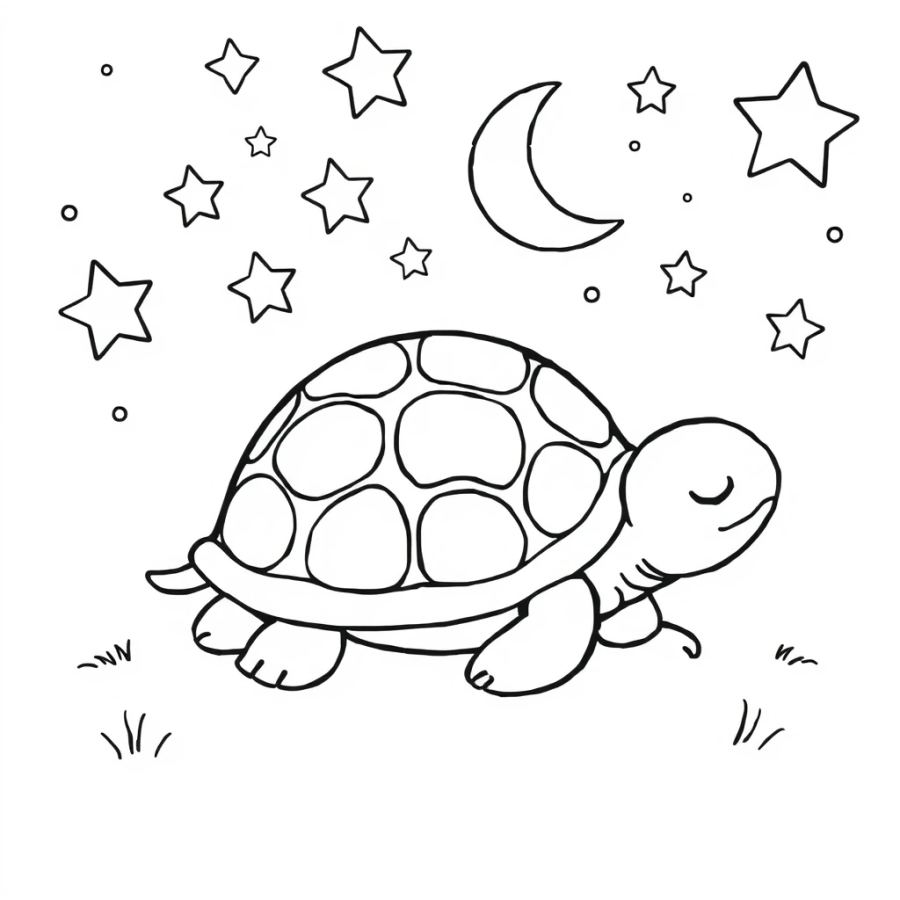 Sleepy Nighttime Turtle Under Stars Coloring Page
