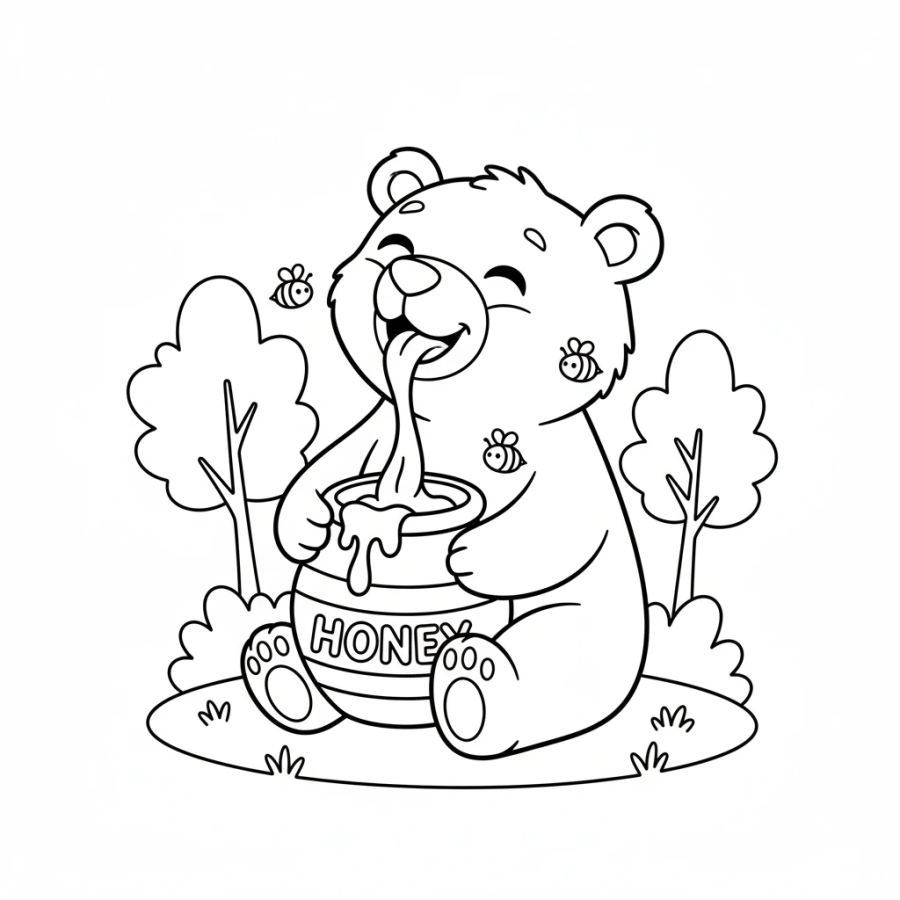 Happy Bear Eating Honey from Jar