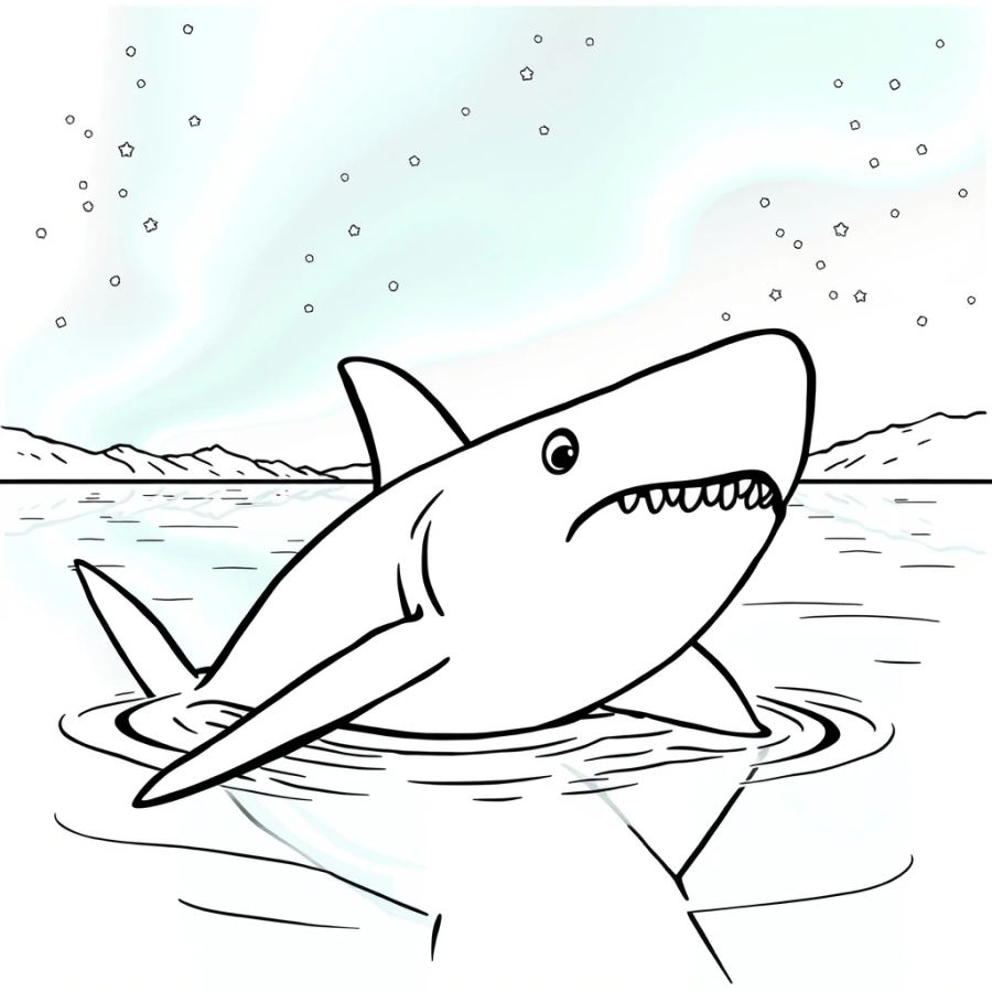 Shark Watching The Northern Lights Reflect On The Water Surface Coloring Page
