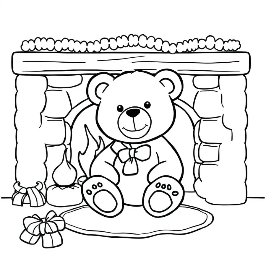 Cozy Teddy Bear by the Fireplace Coloring Page