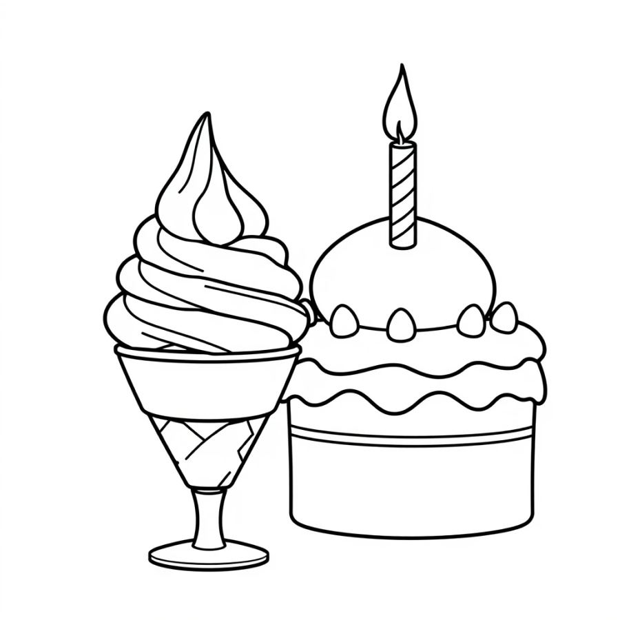 Ice Cream Next To Birthday Cake Coloring Page