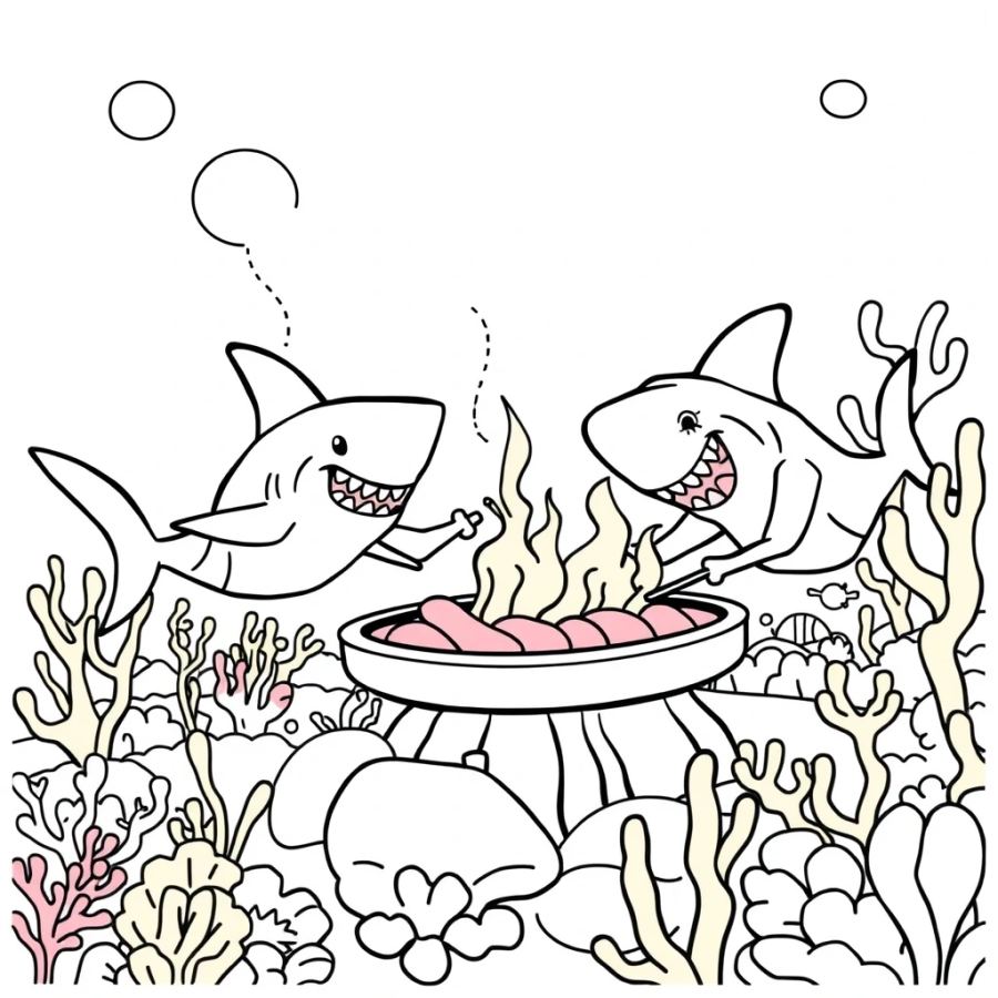 Shark Family Having A Backyard Barbecue On A Coral Reef Coloring Page