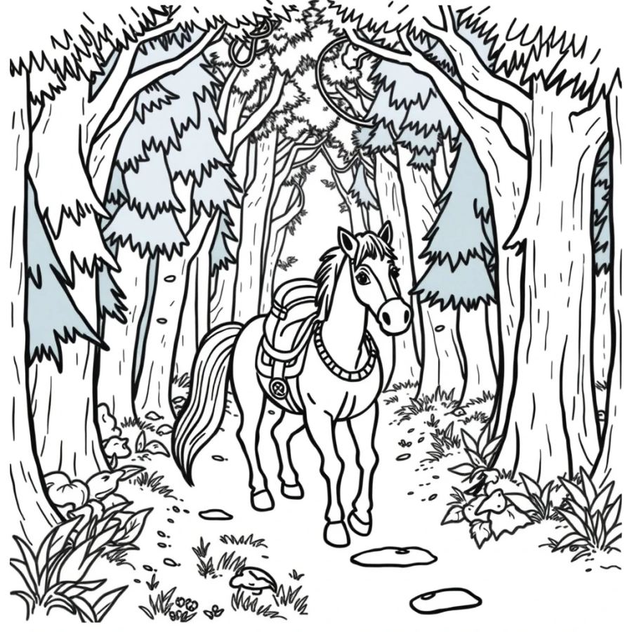 Horse Guiding A Lost Traveler Through A Enchanted Forest Coloring Page