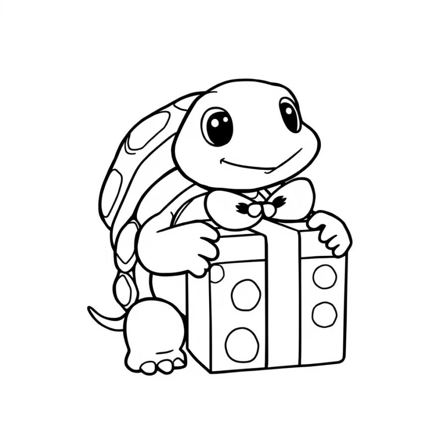 Turtle Opening A Present Coloring Page