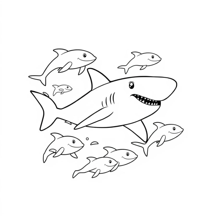 Shark Swimming With A Pod Of Playful Dolphins Coloring Page